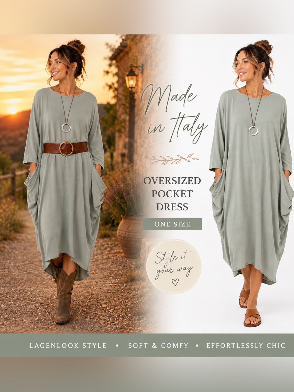 Made in Italy Lagenlook Oversized Pocket Dress | One Size | Grey Cotton blend